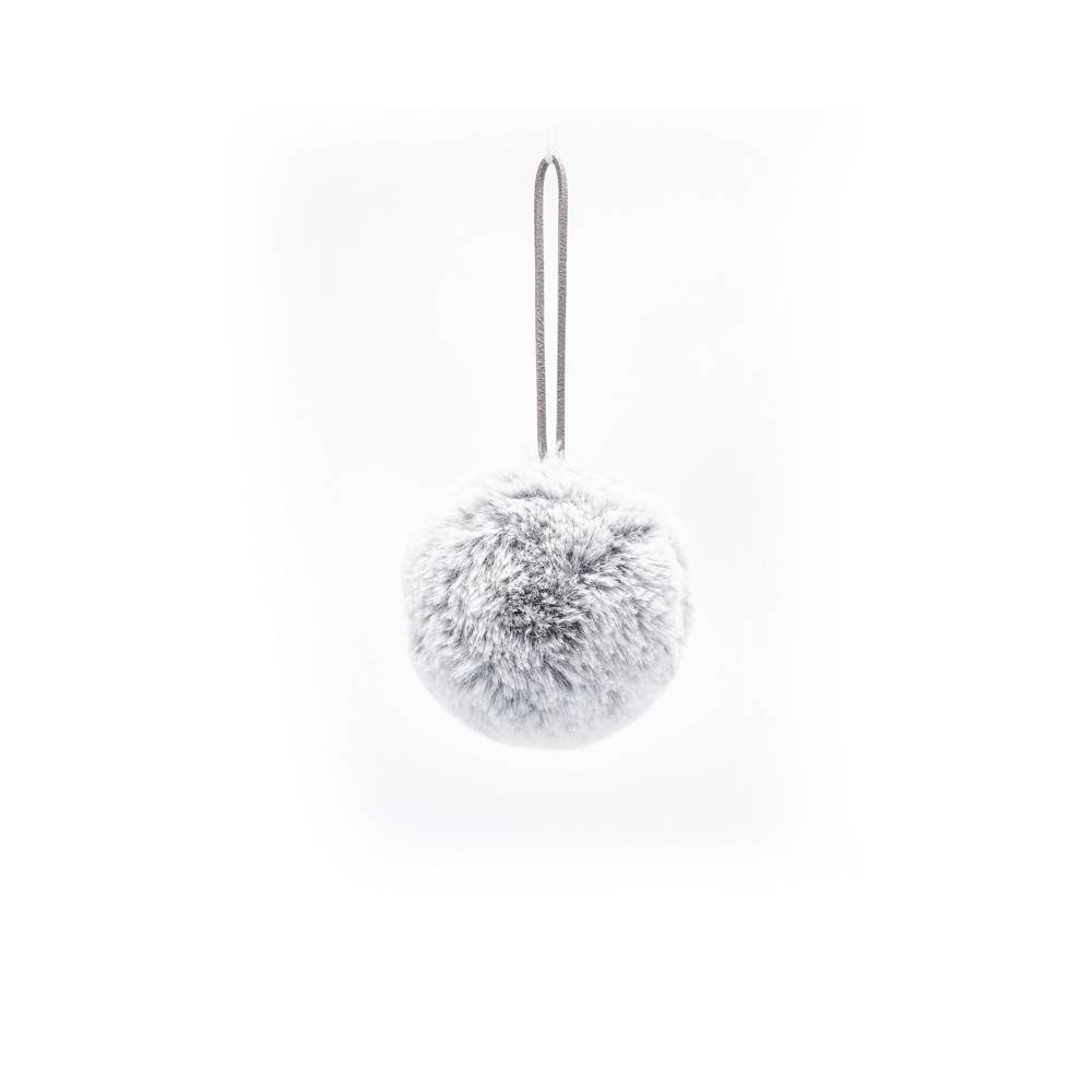 A fluffy gray pom-pom with a hanging loop against a plain white background.