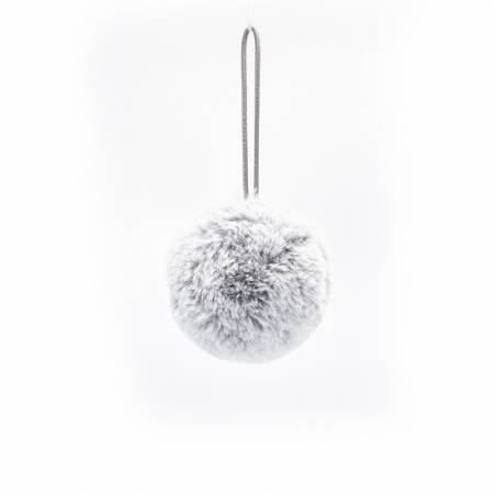 A fluffy gray pom-pom with a hanging loop against a plain white background.