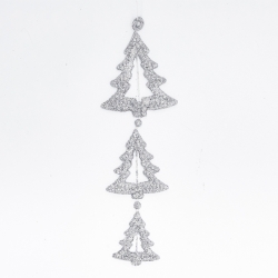 Three sparkling silver Christmas trees in descending sizes, connected by a delicate chain.