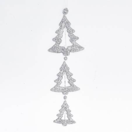 Three sparkling silver Christmas trees in descending sizes, connected by a delicate chain.