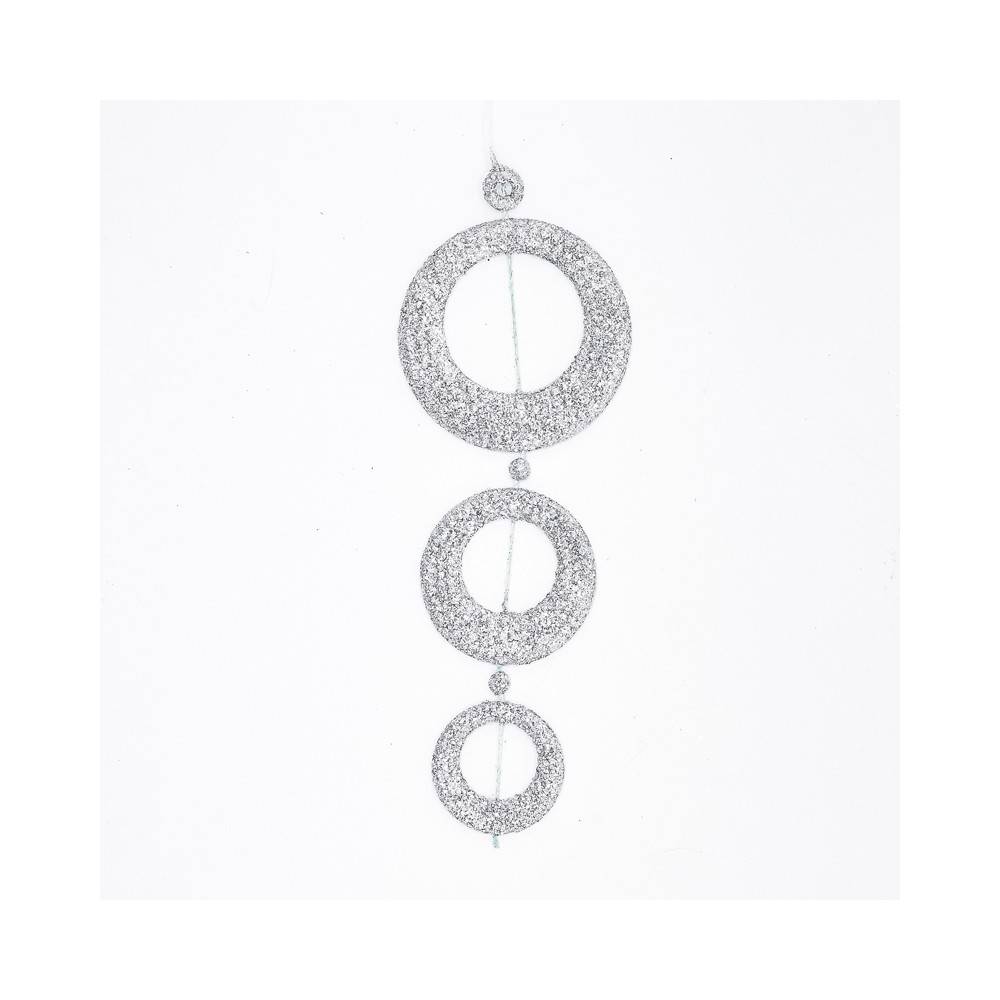Three shimmering silver circles of varying sizes, adorned with sparkling glitter.
