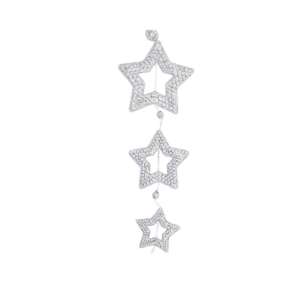 Three shimmering silver star-shaped pendants adorned with sparkling crystals.