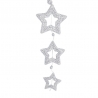 Three shimmering silver star-shaped pendants adorned with sparkling crystals.