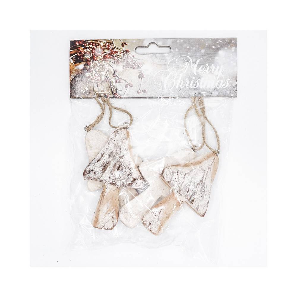 Wooden Christmas tree ornaments in a clear package, featuring a snowy, festive background.