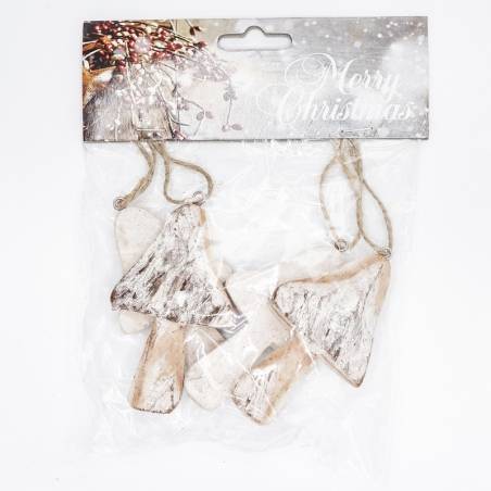 Wooden Christmas tree ornaments in a clear package, featuring a snowy, festive background.