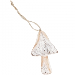 A rustic ornament shaped like a mushroom, with a textured, light-colored finish and twine hanger.