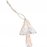 A rustic ornament shaped like a mushroom, with a textured, light-colored finish and twine hanger.