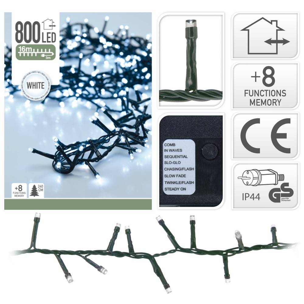 A string of white LED lights on a green wire, showcasing various lighting functions.