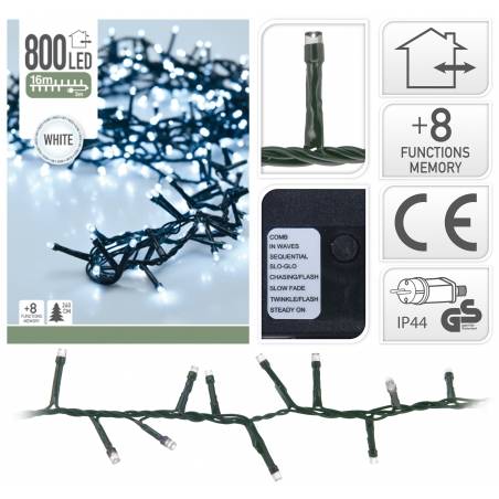 Een groene lichtsnoer met 800 witte LED's, geschikt voor binnen- en buitentoepassingen. Een groene lichtsnoer met 800 witte LED's, geschikt voor binnen- en buitentoepassingen.