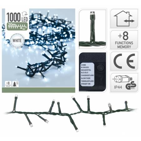 Een verpakking met 1000 witte LED-lampen op een groene draad, geschikt voor binnen en buiten.