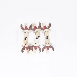 Wooden clothespins shaped like reindeer with festive red hats and cheerful faces.