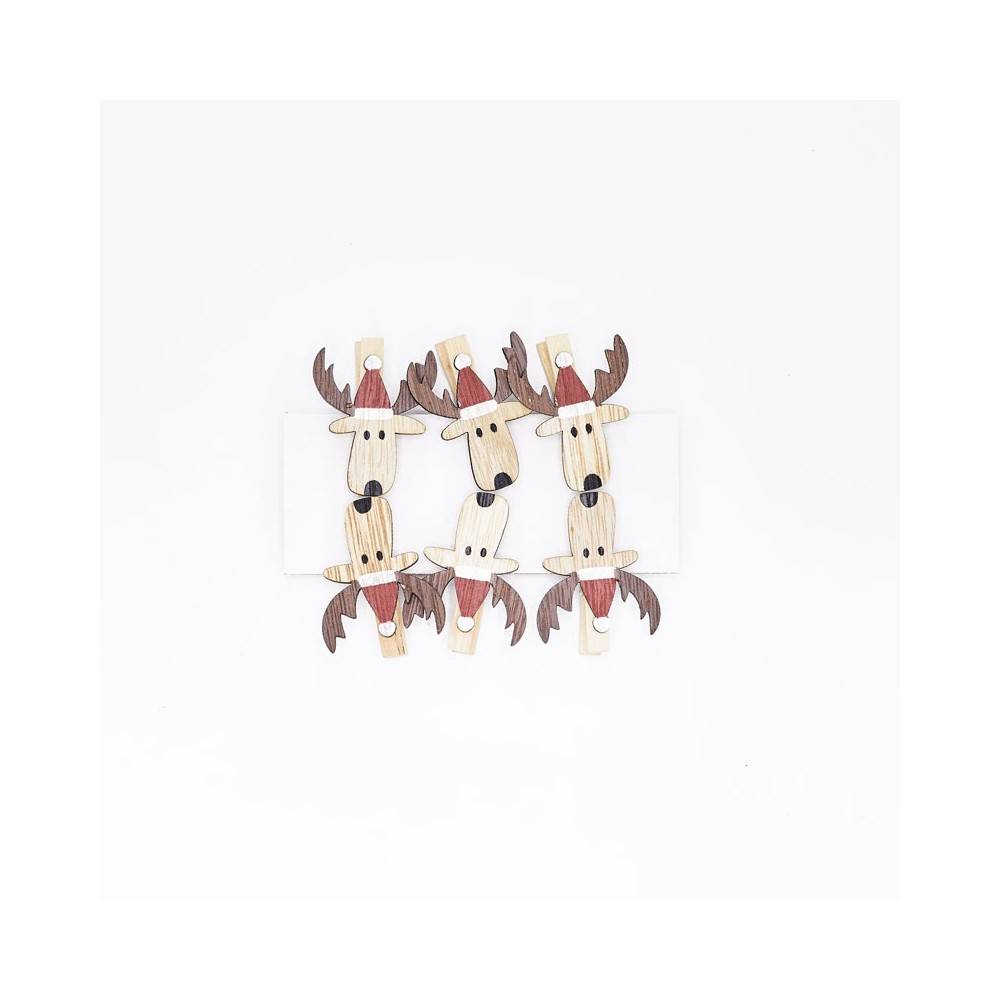 Wooden clothespins shaped like reindeer with festive red hats and cheerful faces.