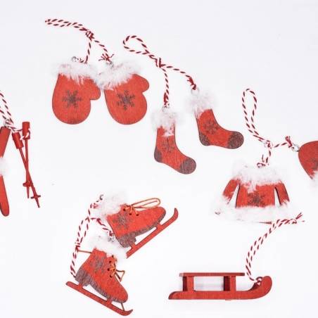 Red wooden Christmas ornaments shaped like winter gear, with white fluff and twine accents. Red wooden Christmas ornaments shaped like winter gear, with white fluff and twine accents.