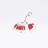 A festive red and white Santa outfit ornament with fluffy trim and a hanging string.
