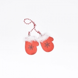 Red mittens with white fur trim, connected by a red and white twine, featuring a snowflake design.