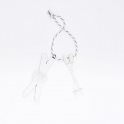 A white clothespin attached to a twisted rope, with two small white clips.