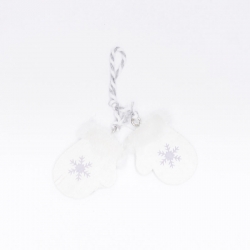 Clear plastic mittens with a snowflake, hanging from a twisted string.