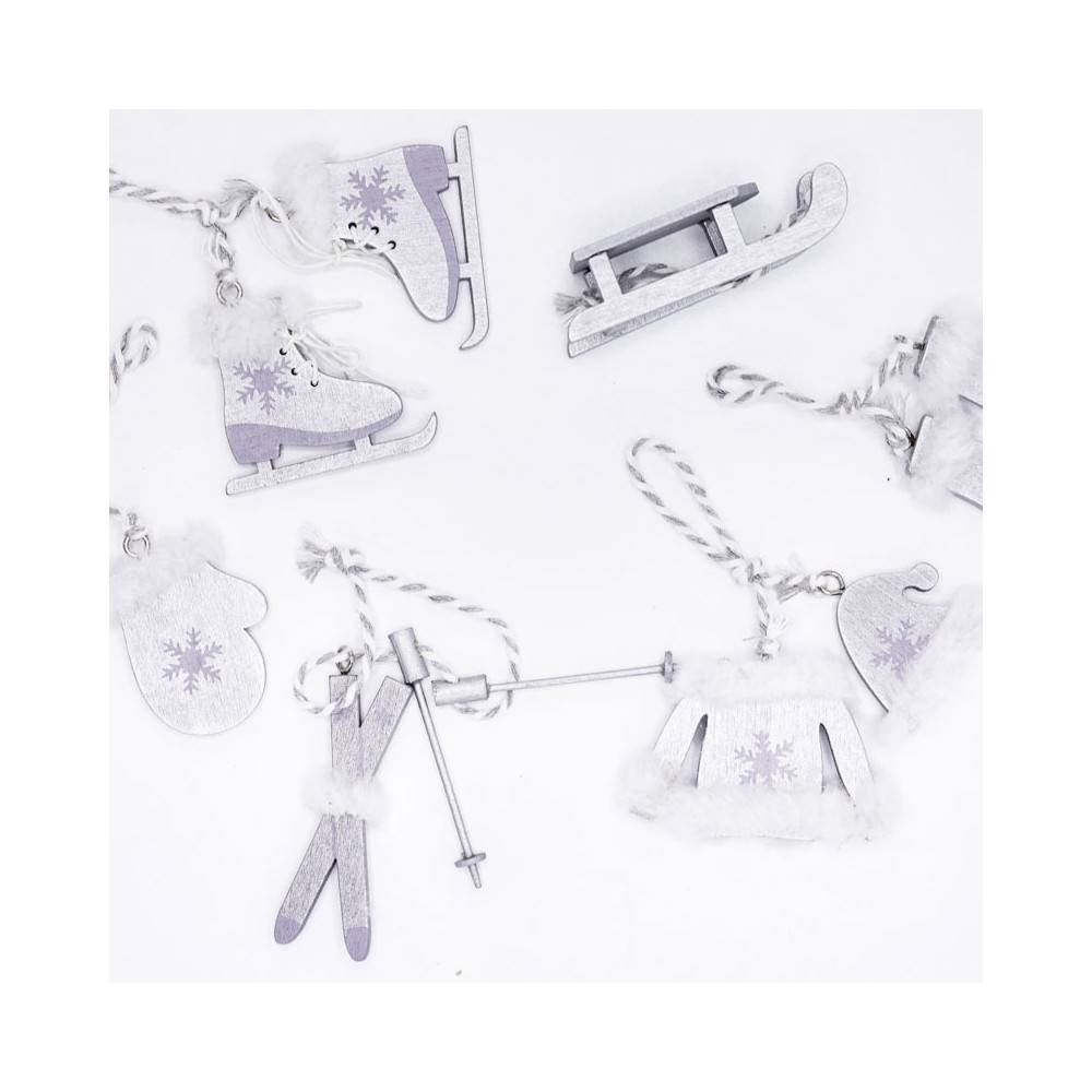 Wooden holiday ornaments in winter shapes, featuring skates, mittens, and a sled with white accents.