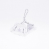 A delicate white sweater ornament with snowflake designs and a silver hanger.