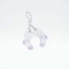 Two small, silver stockings with white fur trim and snowflake designs, hanging from a twine loop.