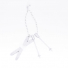 A silver, metallic clothes peg hanging from a twisted white string against a plain backdrop.