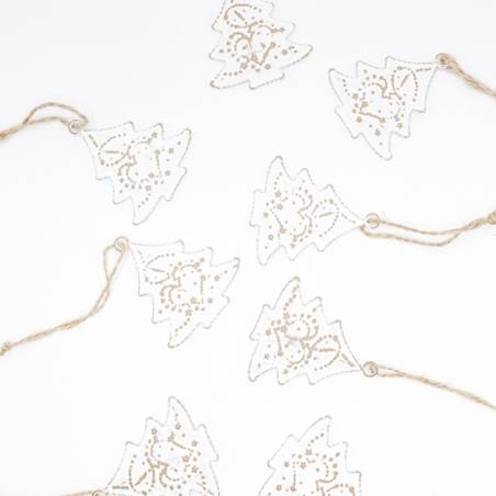 Delicate white paper Christmas trees adorned with golden outlines, strung on twine.