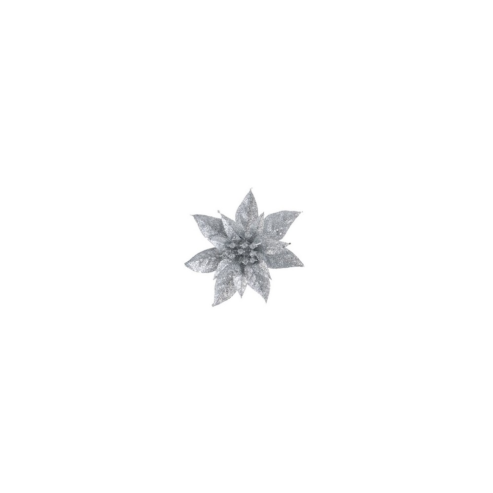 A shimmering silver flower with glittery petals radiating elegance and sparkle.
