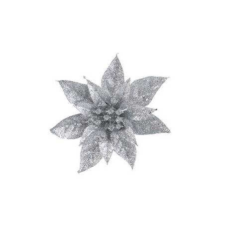 A shimmering silver flower with glittery petals radiating elegance and sparkle.