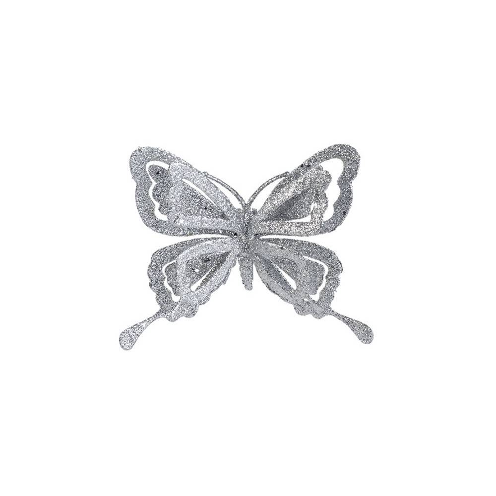 A shimmering silver butterfly with intricate, glittery wings.