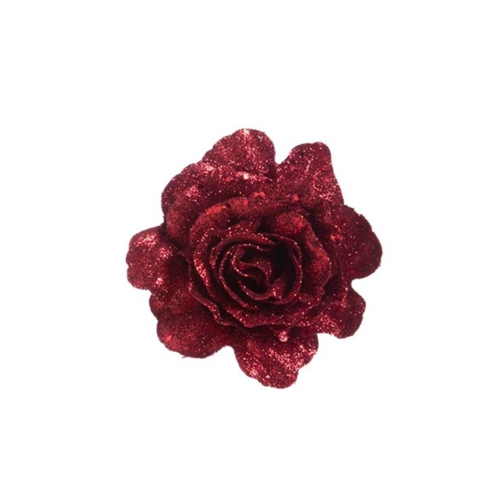 Dieprode glitterroos met een stijlvolle, glinsterende afwerking en zachte, golvende bloemblaadjes.
