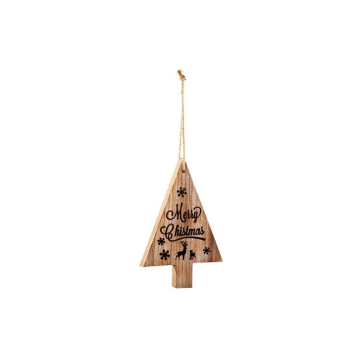 Houten kerstboom ornament met de tekst "Merry Christmas" en speelse sneeuwvlokken.