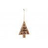 A wooden Christmas tree ornament with "Merry Christmas" and snowflake designs.