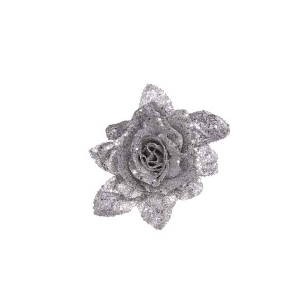 A shimmering silver rose with sparkling petals and leaves against a white background.