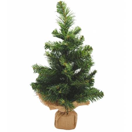 A small, lush green artificial Christmas tree in a burlap-wrapped base.