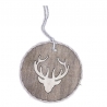 A round wooden tag with a carved deer head and a textured edge, hanging by a thin string.