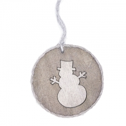 A circular wooden tag with a carved snowman design, tied with a light gray string.