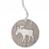 A round wooden ornament featuring a carved moose silhouette, with a twine loop for hanging.