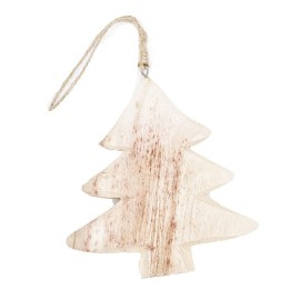 Houten kerstboom ornament in lichte kleuren met een natuurlijke, rustieke uitstraling.