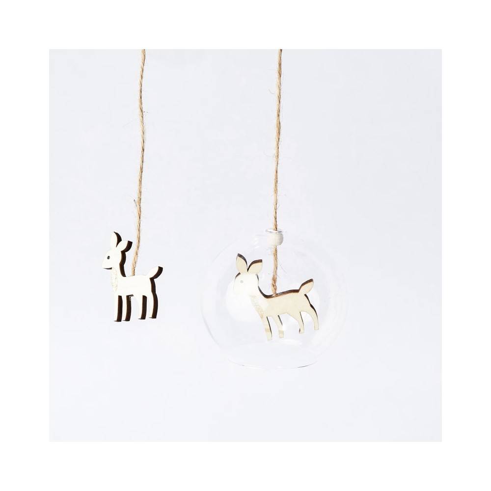Two wooden deer ornaments, one inside a clear glass sphere, hanging on twine against a white back...