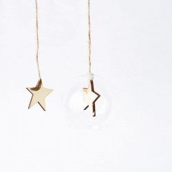 A clear glass ornament with a gold star inside, hanging by a twine string.