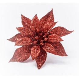 Diep rode, glinsterende bloem met spitse bladeren, afgewerkt met glitter en een feestelijke uitst...
