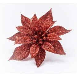 Diep rode, glinsterende bloem met spitse bladeren, afgewerkt met glitter en een feestelijke uitst...