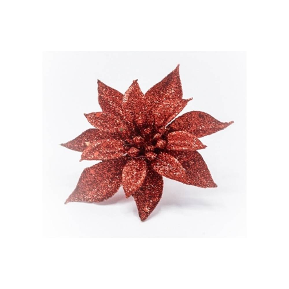 A shimmering red flower with pointed petals, adorned in sparkling glitter.