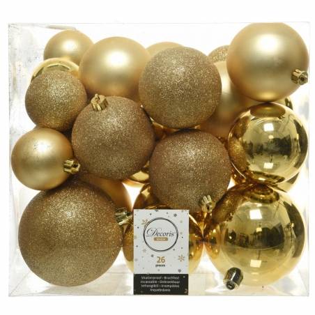 Gouden kerstballen in verschillende maten en texturen, glanzend en met glitter, verpakt in een doos.