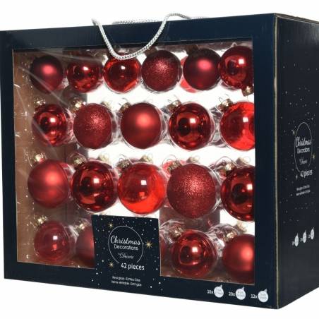 Glanzende rode kerstballen in diverse vormen, verpakt in een elegante doos met transparante voork...