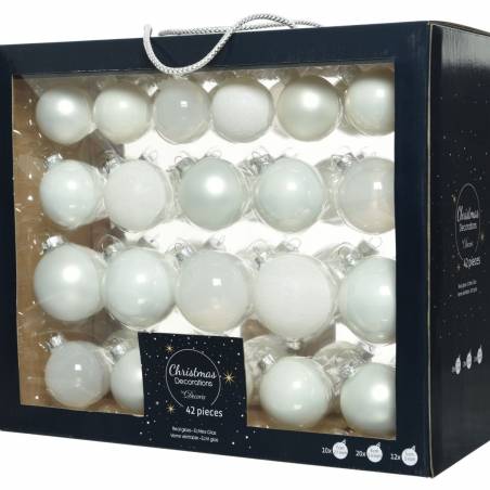 Doos met 42 kerstballen in wit en perlemorentinten, variërend in afwerking en grootte.