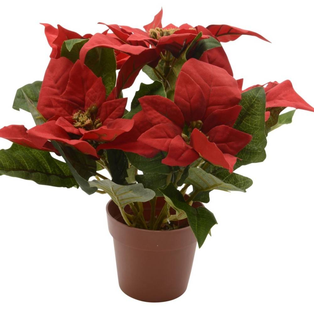 A vibrant faux poinsettia plant with deep red flowers and lush green leaves in a brown pot.