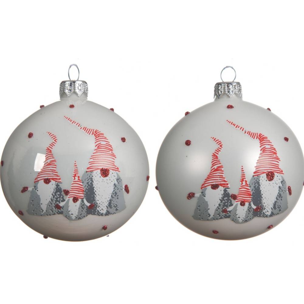 Two round, white ornaments with whimsical gnomes in red and gray, adorned with small red dots.