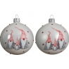 Two round, white ornaments with whimsical gnomes in red and gray, adorned with small red dots.