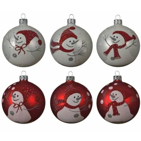 Zes kerstballen in wit en rood, met vrolijke sneeuwpoppen en feestelijke hoedjes.